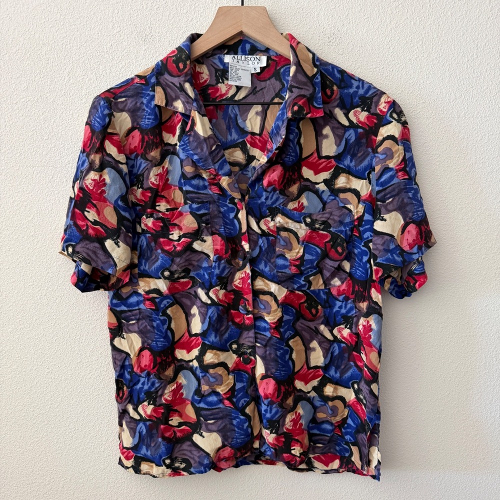 ALLISON TAYLOR Womens Shirt Silk Abstract Art to Wear Retro Bohemian Size Small
